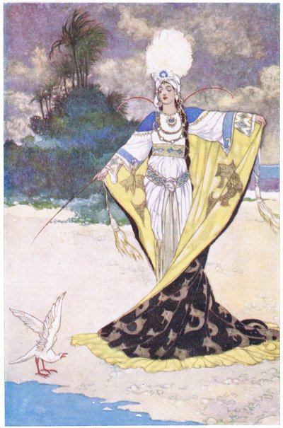 La princesse Giauhara transforme le roi Beder en oiseau blanc, années 1930 - René Bull